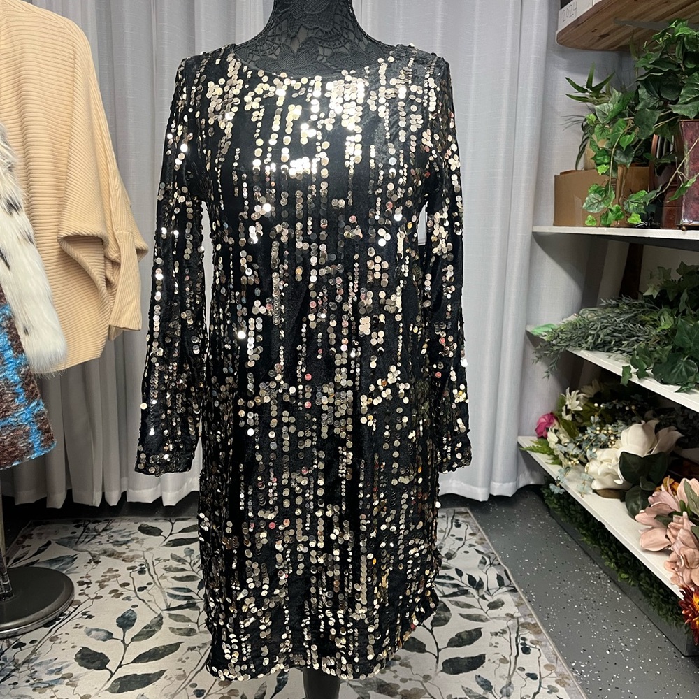 Tribal Black and Silver Sequin Long Sleeve Dress